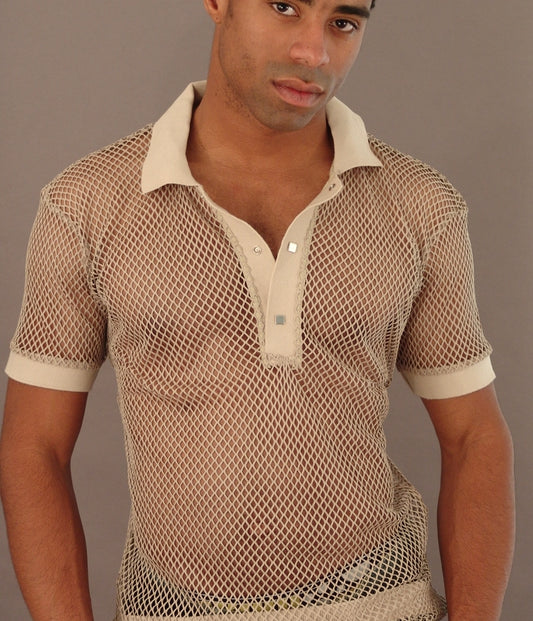 Vintage light-olive mesh polo by Dulce de Leche